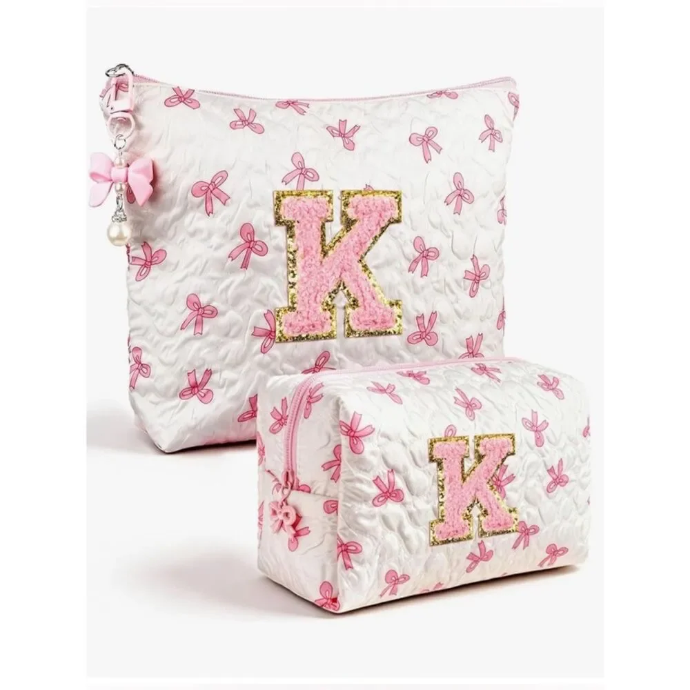 NEW Quilted Cosmetic Pouch Set with Pink Bow Print & 'K' Initial